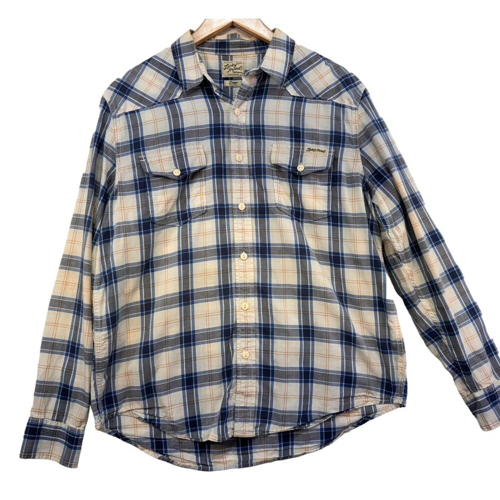 Lucky Brand Womens Distinctive Western Plaid Button-Down Shirt Large Blue White